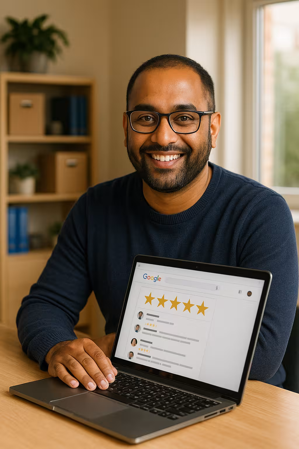 A business owner proudly displaying 5 star reviews on his laptop