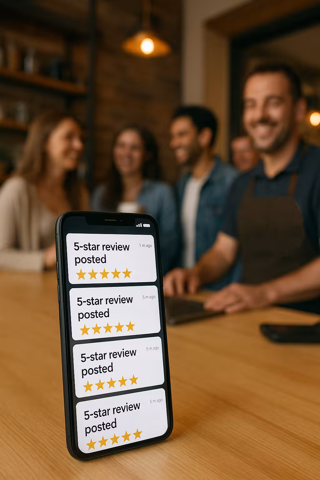 A mobile phone with 5 star reviews on display in the background is the business owner